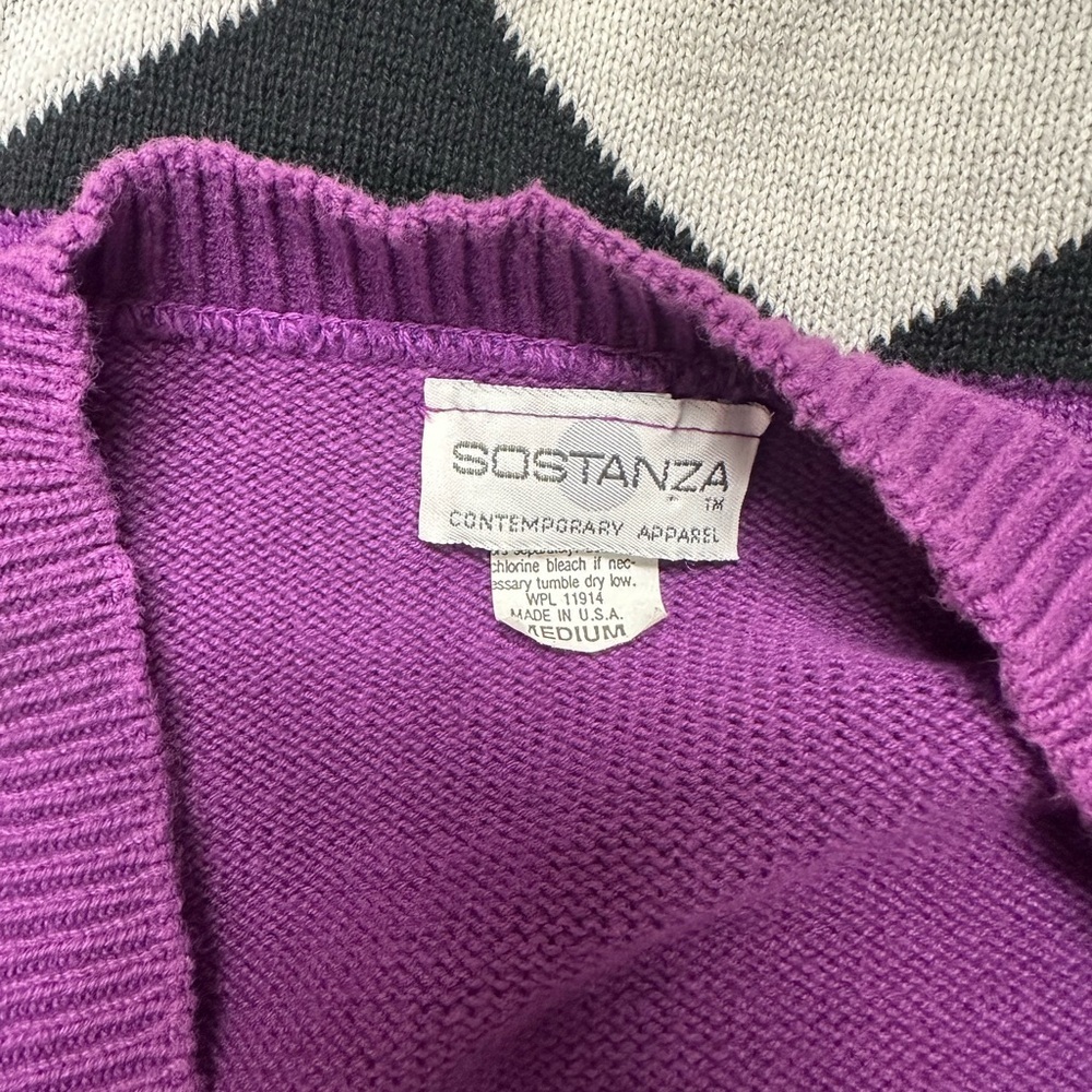 Vintage Sostanza Purple V-Neck Sweater with Geometric Pattern 80’s 90’s Retro - Picture 6 of 7